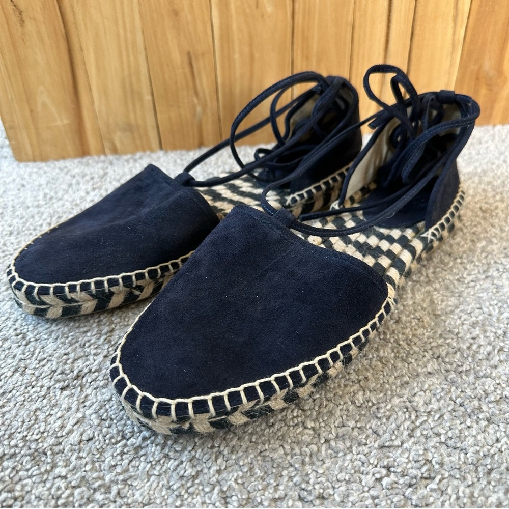 Frye Leo Navy Suede Ankle Strap Espadrille Flat Sandal 9.5